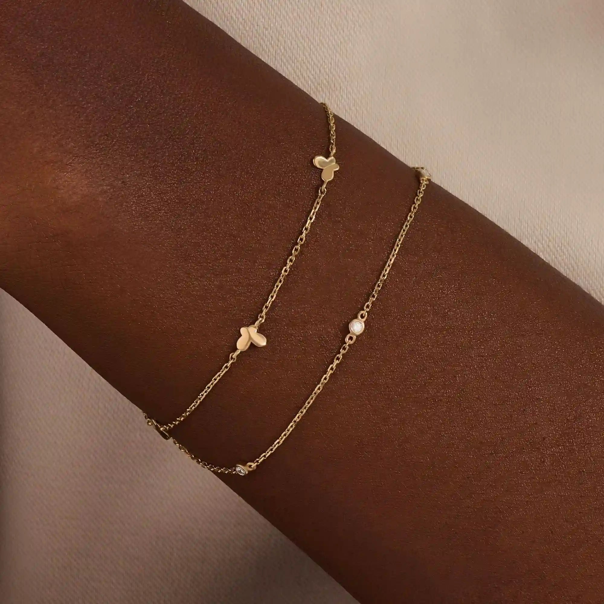 14 Ayar Altın Çift Zincir Kelebek Detaylı Bileklik