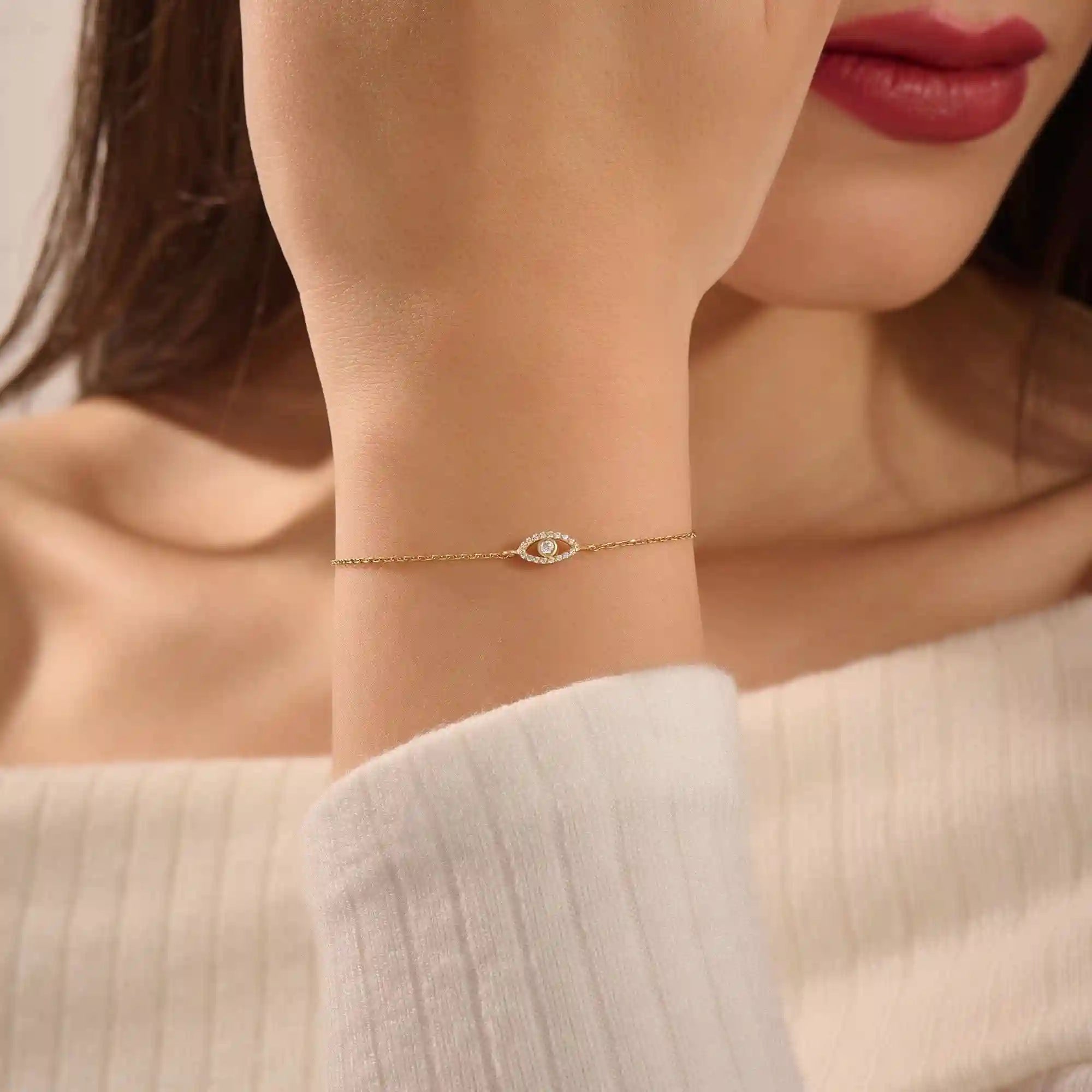 14 Ayar Altın Evil Eye Pırlanta Charm Bileklik